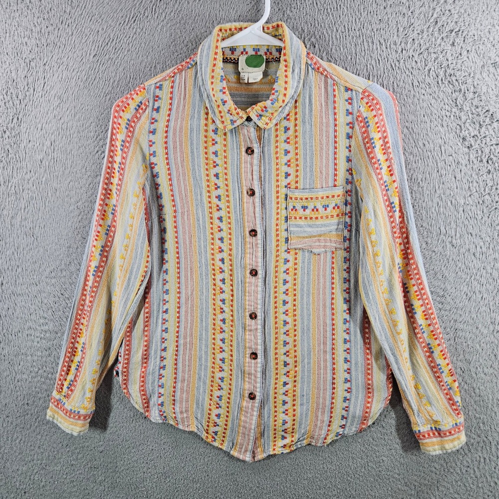 Anthropologie Striped Embroidered Viscose Wool Blend Button Down Shirt Womens 2